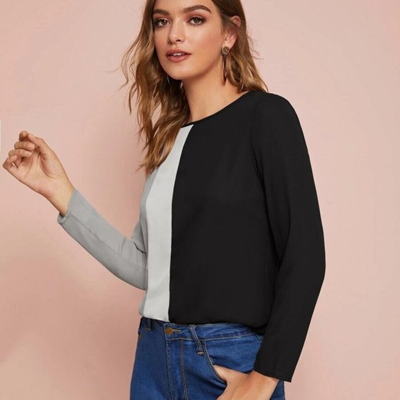 NEW BOUTIQUE WOMENS COLORBLOCK BLOUSE BLACK TOP - Picture 4 of 5